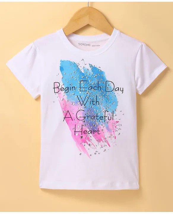 DoreMe Doreme Single Jersey Knit Half Sleeves T-Shirt With Begin Each Day With Grateful Heart Text Print - White